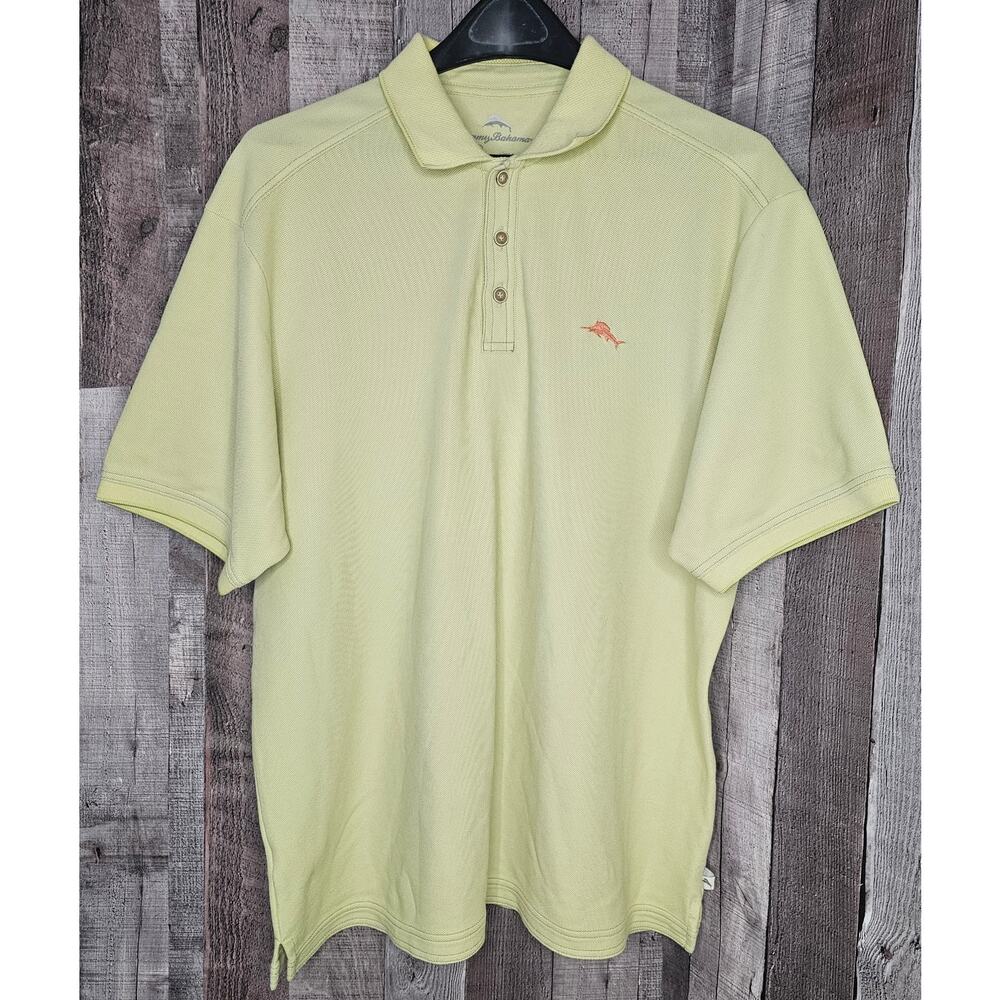 TOMMY BAHAMA Marlin 3 Button Polo Short Sleeve Shirt Embroidered Yellow Large